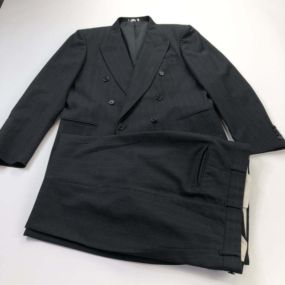 Hardy Amies VTG 40L Double Breasted Suit 2 Pc 34 (Fit 33W 31L) Striped Gray